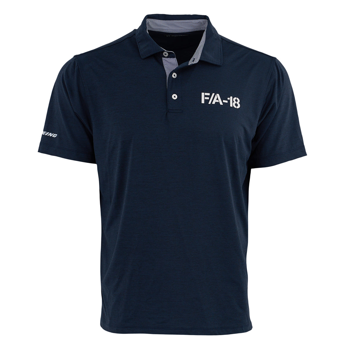 The Boeing F/A-18 Super Hornet Series Men’s Polo by BOEING is a navy blue, moisture-wicking shirt with an embroidered F/A-18 logo on the chest, Boeing on the sleeve, and a button-up collar featuring light gray interior accents.