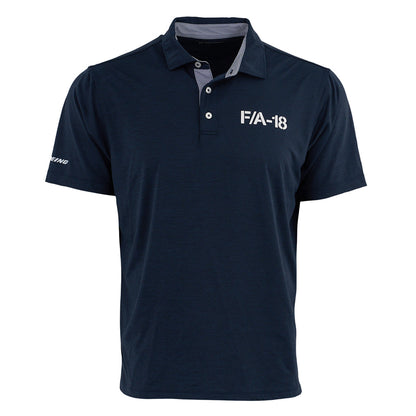 The Boeing F/A-18 Super Hornet Series Men’s Polo by BOEING is a navy blue, moisture-wicking shirt with an embroidered F/A-18 logo on the chest, Boeing on the sleeve, and a button-up collar featuring light gray interior accents.