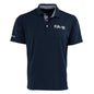 The Boeing F/A-18 Super Hornet Series Men’s Polo by BOEING is a navy blue, moisture-wicking shirt with an embroidered F/A-18 logo on the chest, Boeing on the sleeve, and a button-up collar featuring light gray interior accents.